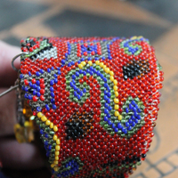 Time to Become Full Cuff Bracelet with Unique Antique Seed Bead Textile,Silver Crescent Moon, Unique Silk Tassel & Faceted Crystal Drops