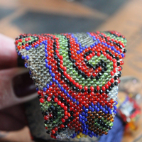 Time to Become Full Cuff Bracelet with Unique Antique Seed Bead Textile,Silver Crescent Moon, Unique Silk Tassel & Faceted Crystal Drops
