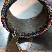 Time to Become Full Cuff Bracelet with Unique Antique Seed Bead Textile,Silver Crescent Moon, Unique Silk Tassel & Faceted Crystal Drops