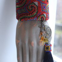 Time to Become Full Cuff Bracelet with Unique Antique Seed Bead Textile,Silver Crescent Moon, Unique Silk Tassel & Faceted Crystal Drops