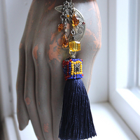 Time to Become Full Cuff Bracelet with Unique Antique Seed Bead Textile,Silver Crescent Moon, Unique Silk Tassel & Faceted Crystal Drops