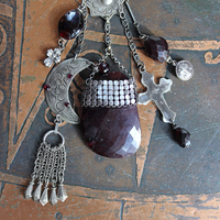 Dancing in my Blood Necklace with Amazing Large Faceted Rhodolite Garnet Pendant, Sterling Crosses, Silver Crescent Moon and More!