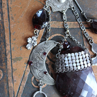 Dancing in my Blood Necklace with Amazing Large Faceted Rhodolite Garnet Pendant, Sterling Crosses, Silver Crescent Moon and More!