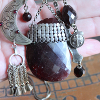 Dancing in my Blood Necklace with Amazing Large Faceted Rhodolite Garnet Pendant, Sterling Crosses, Silver Crescent Moon and More!