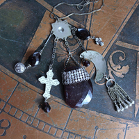Dancing in my Blood Necklace with Amazing Large Faceted Rhodolite Garnet Pendant, Sterling Crosses, Silver Crescent Moon and More!