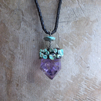 SOLD to J Inner Peace Necklace with Freeform Amethyst Point Pendant, Turquoise Heishi Beads, Distressed Braided Leather Chain