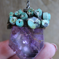 SOLD to J Inner Peace Necklace with Freeform Amethyst Point Pendant, Turquoise Heishi Beads, Distressed Braided Leather Chain