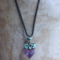SOLD to J Inner Peace Necklace with Freeform Amethyst Point Pendant, Turquoise Heishi Beads, Distressed Braided Leather Chain