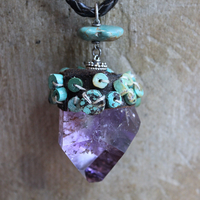 SOLD to J Inner Peace Necklace with Freeform Amethyst Point Pendant, Turquoise Heishi Beads, Distressed Braided Leather Chain