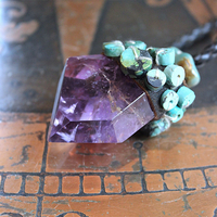 SOLD to J Inner Peace Necklace with Freeform Amethyst Point Pendant, Turquoise Heishi Beads, Distressed Braided Leather Chain