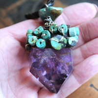 SOLD to J Inner Peace Necklace with Freeform Amethyst Point Pendant, Turquoise Heishi Beads, Distressed Braided Leather Chain