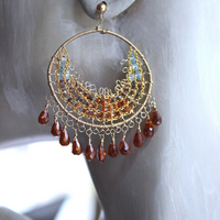 NEW! Intricate14K Gold Wire and Post Earrings with Rare Faceted Spessartine Garnet Tear Drops, Faceted Aquamarine and Smoky Topaz
