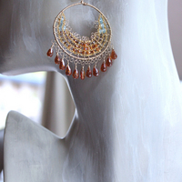 NEW! Intricate14K Gold Wire and Post Earrings with Rare Faceted Spessartine Garnet Tear Drops, Faceted Aquamarine and Smoky Topaz