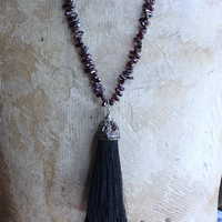 NEW! Courage and Hope Necklace with Hundreds of AAA Faceted Almandine Tear Drops, Unique Black Silk Tassel