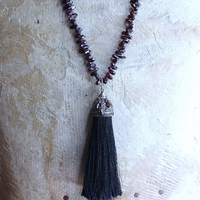 NEW! Courage and Hope Necklace with Hundreds of AAA Faceted Almandine Tear Drops, Unique Black Silk Tassel