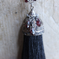 NEW! Courage and Hope Necklace with Hundreds of AAA Faceted Almandine Tear Drops, Unique Black Silk Tassel