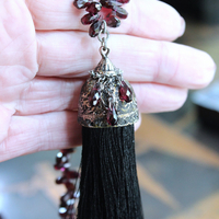 NEW! Courage and Hope Necklace with Hundreds of AAA Faceted Almandine Tear Drops, Unique Black Silk Tassel