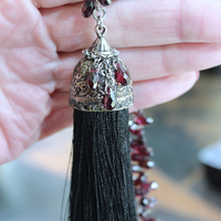 NEW! Courage and Hope Necklace with Hundreds of AAA Faceted Almandine Tear Drops, Unique Black Silk Tassel