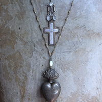 NEW! Antique French Sterling & Gold Engraved Flaming Sacred Heart Nun's Cross Necklace with Faceted Oval Bezel Set Crystals and Antique Link Chain