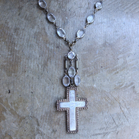 NEW! Antique French Sterling & Gold Engraved Flaming Sacred Heart Nun's Cross Necklace with Faceted Oval Bezel Set Crystals and Antique Link Chain