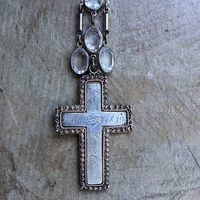 NEW! Antique French Sterling & Gold Engraved Flaming Sacred Heart Nun's Cross Necklace with Faceted Oval Bezel Set Crystals and Antique Link Chain