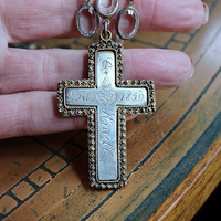 NEW! Antique French Sterling & Gold Engraved Flaming Sacred Heart Nun's Cross Necklace with Faceted Oval Bezel Set Crystals and Antique Link Chain