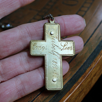 NEW! Antique French Sterling & Gold Engraved Flaming Sacred Heart Nun's Cross Necklace with Faceted Oval Bezel Set Crystals and Antique Link Chain