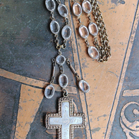 NEW! Antique French Sterling & Gold Engraved Flaming Sacred Heart Nun's Cross Necklace with Faceted Oval Bezel Set Crystals and Antique Link Chain