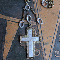 NEW! Antique French Sterling & Gold Engraved Flaming Sacred Heart Nun's Cross Necklace with Faceted Oval Bezel Set Crystals and Antique Link Chain