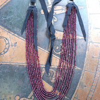SOLD to J  8 Strand Tiny Faceted Dark Pink Tourmaline Gemstone Bead Necklace with Butter Soft Black Suede Leather Ties and Caps