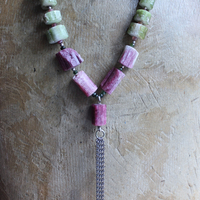ON HOLD FOR J Rare Barrel Cut Green and Pink Tourmaline Necklace w/Faceted Tourmaline Rondelles, Sterling Beads, Sterling Tassel & Chain