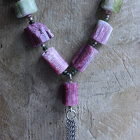 ON HOLD FOR J Rare Barrel Cut Green and Pink Tourmaline Necklace w/Faceted Tourmaline Rondelles, Sterling Beads, Sterling Tassel & Chain