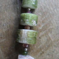 ON HOLD FOR J Rare Barrel Cut Green and Pink Tourmaline Necklace w/Faceted Tourmaline Rondelles, Sterling Beads, Sterling Tassel & Chain