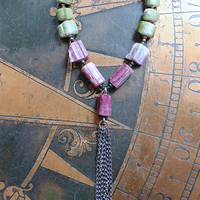 ON HOLD FOR J Rare Barrel Cut Green and Pink Tourmaline Necklace w/Faceted Tourmaline Rondelles, Sterling Beads, Sterling Tassel & Chain