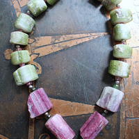 ON HOLD FOR J Rare Barrel Cut Green and Pink Tourmaline Necklace w/Faceted Tourmaline Rondelles, Sterling Beads, Sterling Tassel & Chain