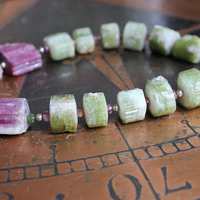 ON HOLD FOR J Rare Barrel Cut Green and Pink Tourmaline Necklace w/Faceted Tourmaline Rondelles, Sterling Beads, Sterling Tassel & Chain