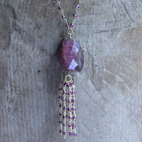 NEW! Large Checkerboard Faceted Deep Pink Tourmaline Gemstone Necklace with 14K Gold Filled Pink Tourmaline Tassel & Chain