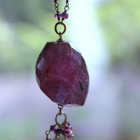 NEW! Large Checkerboard Faceted Deep Pink Tourmaline Gemstone Necklace with 14K Gold Filled Pink Tourmaline Tassel & Chain