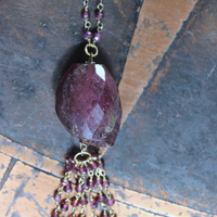 NEW! Large Checkerboard Faceted Deep Pink Tourmaline Gemstone Necklace with 14K Gold Filled Pink Tourmaline Tassel & Chain