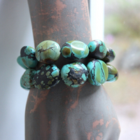 NEW! Stacking Rare High Grade Royston Turquoise Stone Bracelets with Solid Sterling Cross and Premium Butter Soft Leather Tassel