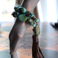 NEW! Stacking Rare High Grade Royston Turquoise Stone Bracelets with Solid Sterling Cross and Premium Butter Soft Leather Tassel