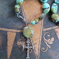 NEW! Stacking Rare High Grade Royston Turquoise Stone Bracelets with Solid Sterling Cross and Premium Butter Soft Leather Tassel