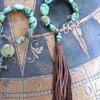 NEW! Stacking Rare High Grade Royston Turquoise Stone Bracelets with Solid Sterling Cross and Premium Butter Soft Leather Tassel