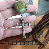 NEW! Stacking Rare High Grade Royston Turquoise Stone Bracelets with Solid Sterling Cross and Premium Butter Soft Leather Tassel