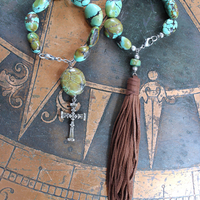 NEW! Stacking Rare High Grade Royston Turquoise Stone Bracelets with Solid Sterling Cross and Premium Butter Soft Leather Tassel