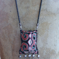 Antique Embroidered Textile Pouch Necklace with One of a Kind Clear Rock Quartz Stone,Antique Sterling Beads,Silver Capped Clear Quartz Points