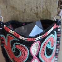 Antique Embroidered Textile Pouch Necklace with One of a Kind Clear Rock Quartz Stone,Antique Sterling Beads,Silver Capped Clear Quartz Points