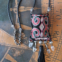 Antique Embroidered Textile Pouch Necklace with One of a Kind Clear Rock Quartz Stone,Antique Sterling Beads,Silver Capped Clear Quartz Points