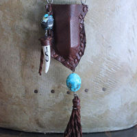 A Cage Necklace with Custom Leather Pouch, OOAK Double Terminated Clear Rock Quartz,Bisbee Turquoise and Leather Capped Elk Antler Tip