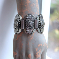 Unique Antique Silver Panel Bracelet with Rare Tiny Antique Sterling Vinaigrette, Rare Antique Sterling 800 Medal, Antique Sterling Cross & More!